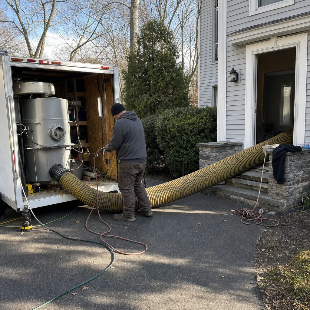 Technician using industrial vacuum equipment for residential air duct cleaning service.