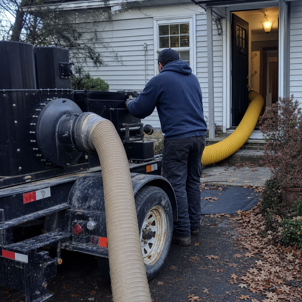 Professional technician performing residential air duct cleaning with a vacuum truck in Fairfield, CT