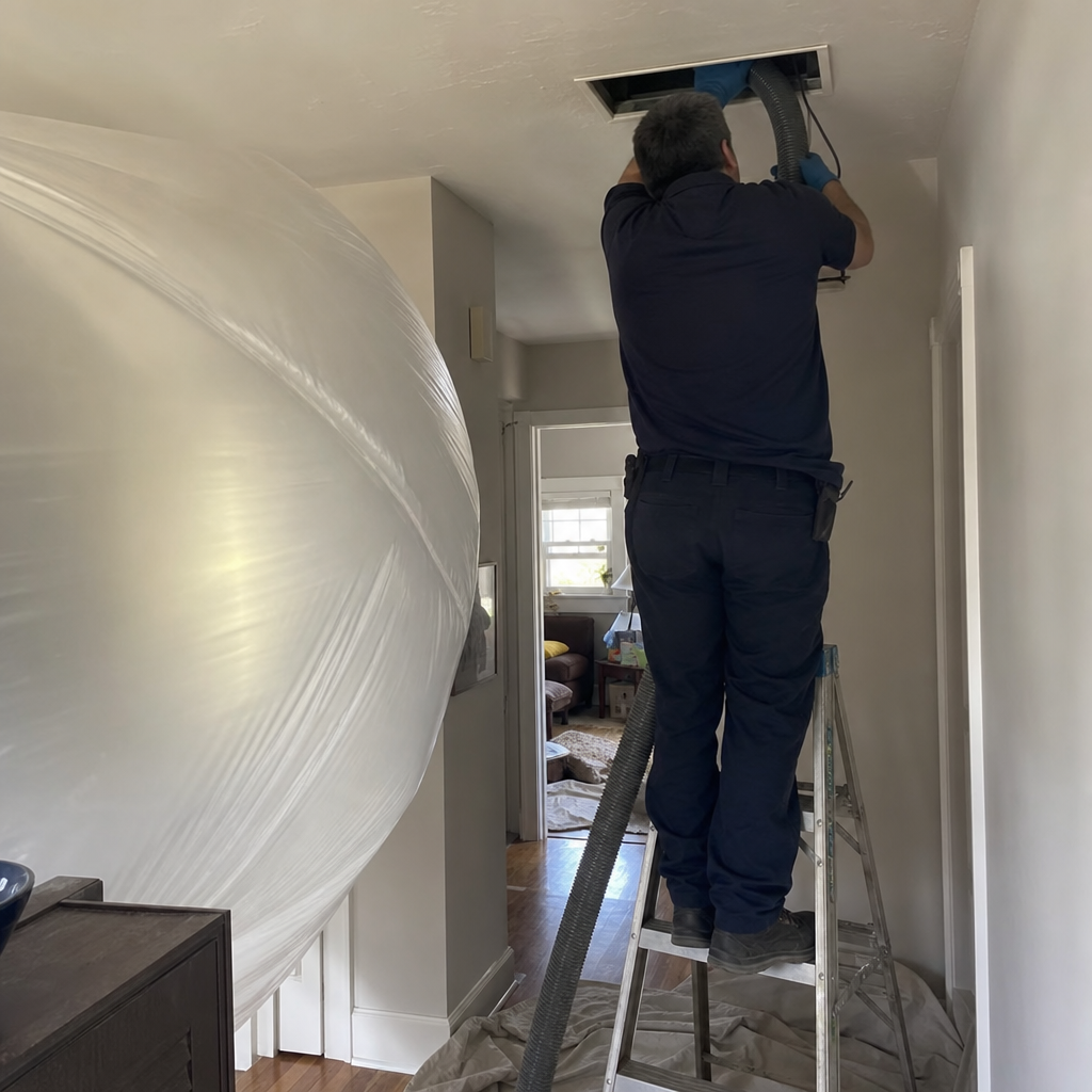 Technician performing professional air duct cleaning and vent maintenance in a home. in New Haven, CT