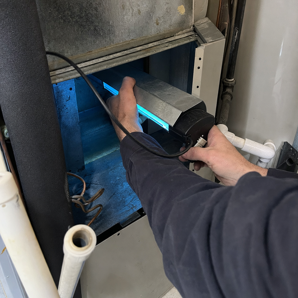 Technician installing a UV air purification system in a home air duct in Coram, NY