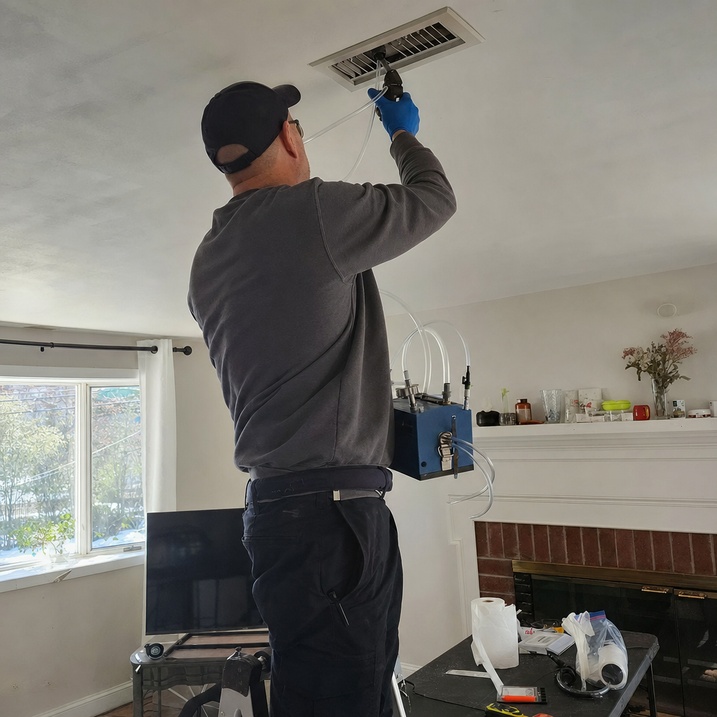 Technician performing professional air quality and HVAC duct sanitizing services in Coram, NY