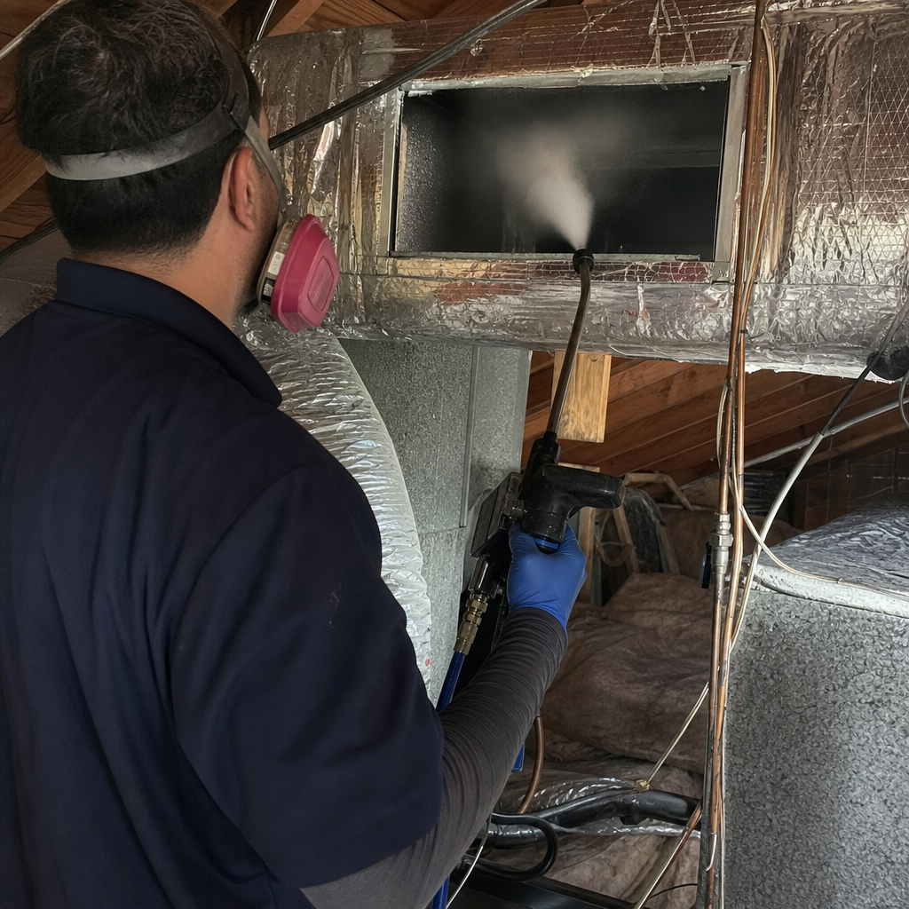 Technician performing professional air duct cleaning and sanitizing service in Derby, CT