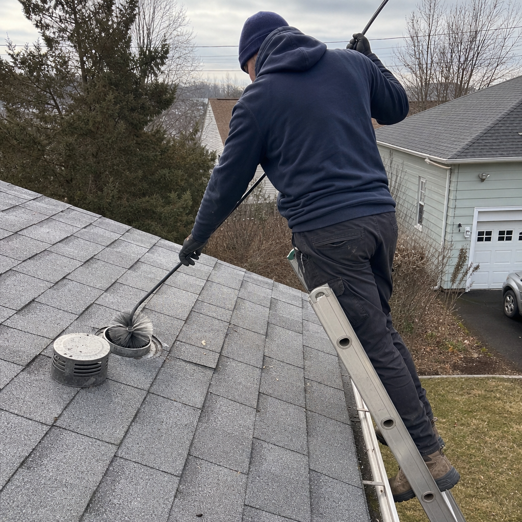 Technician performing professional dryer vent cleaning on a residential roof in New Haven, CT