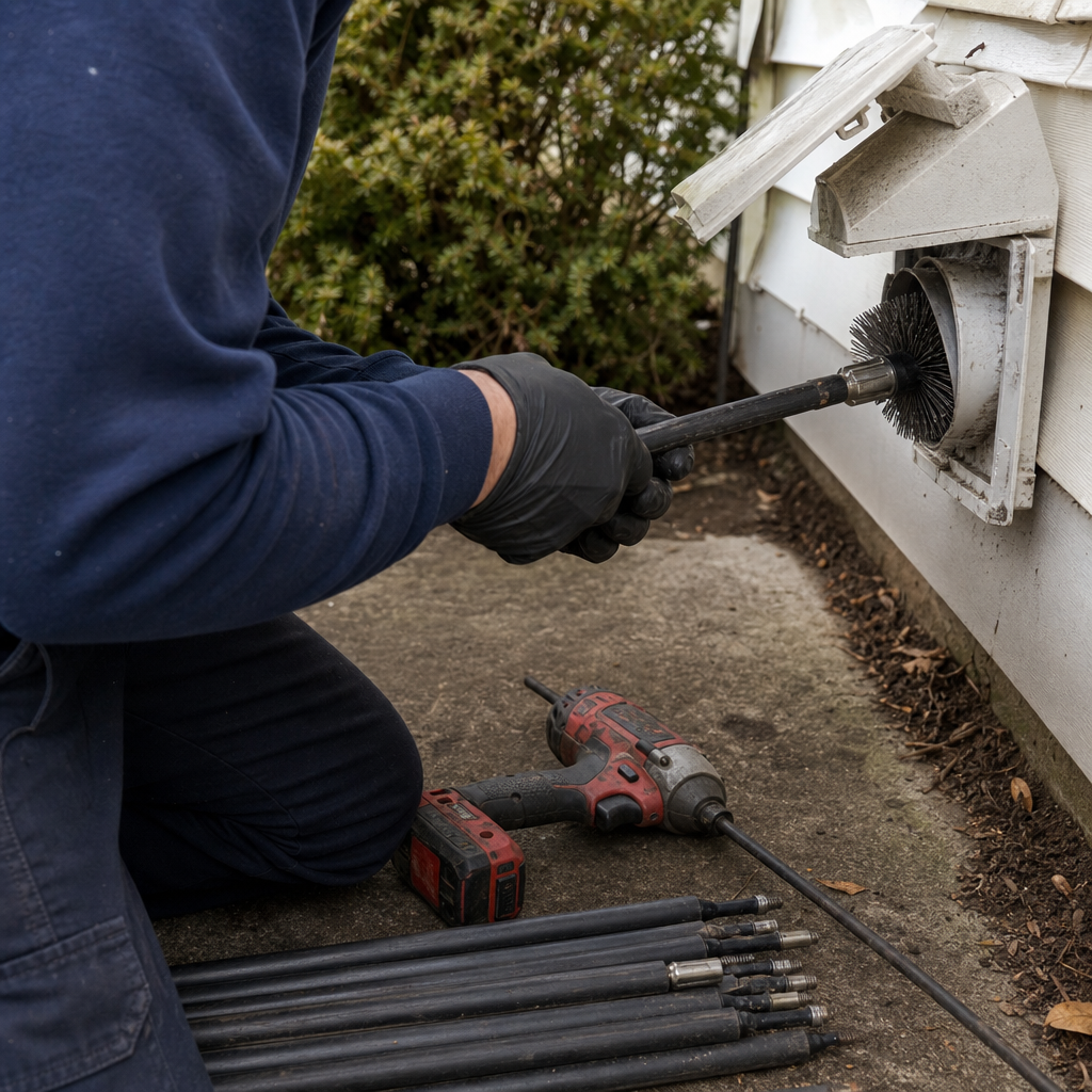 Technician using a rotary brush tool for professional dryer vent cleaning in Hebron, CT