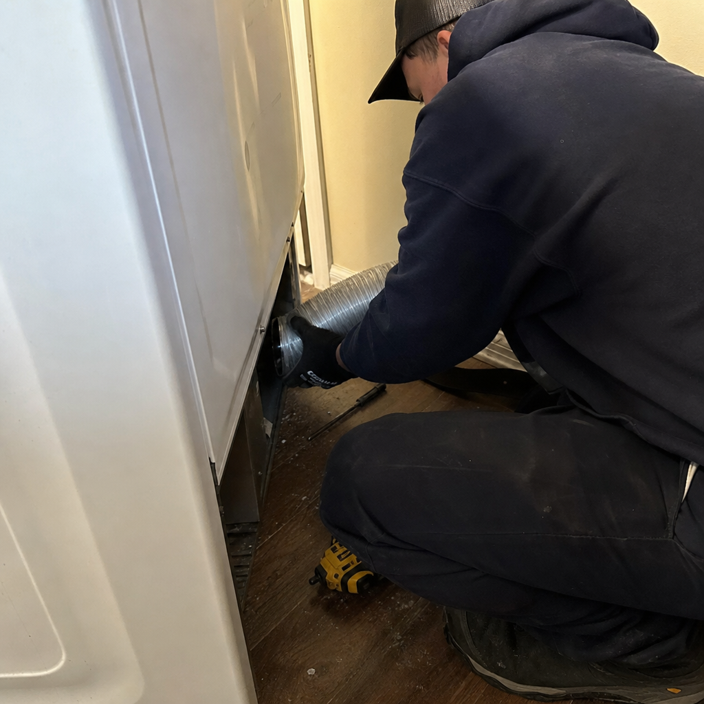Technician connecting a flexible hose during professional dryer vent cleaning in Windsor, CT