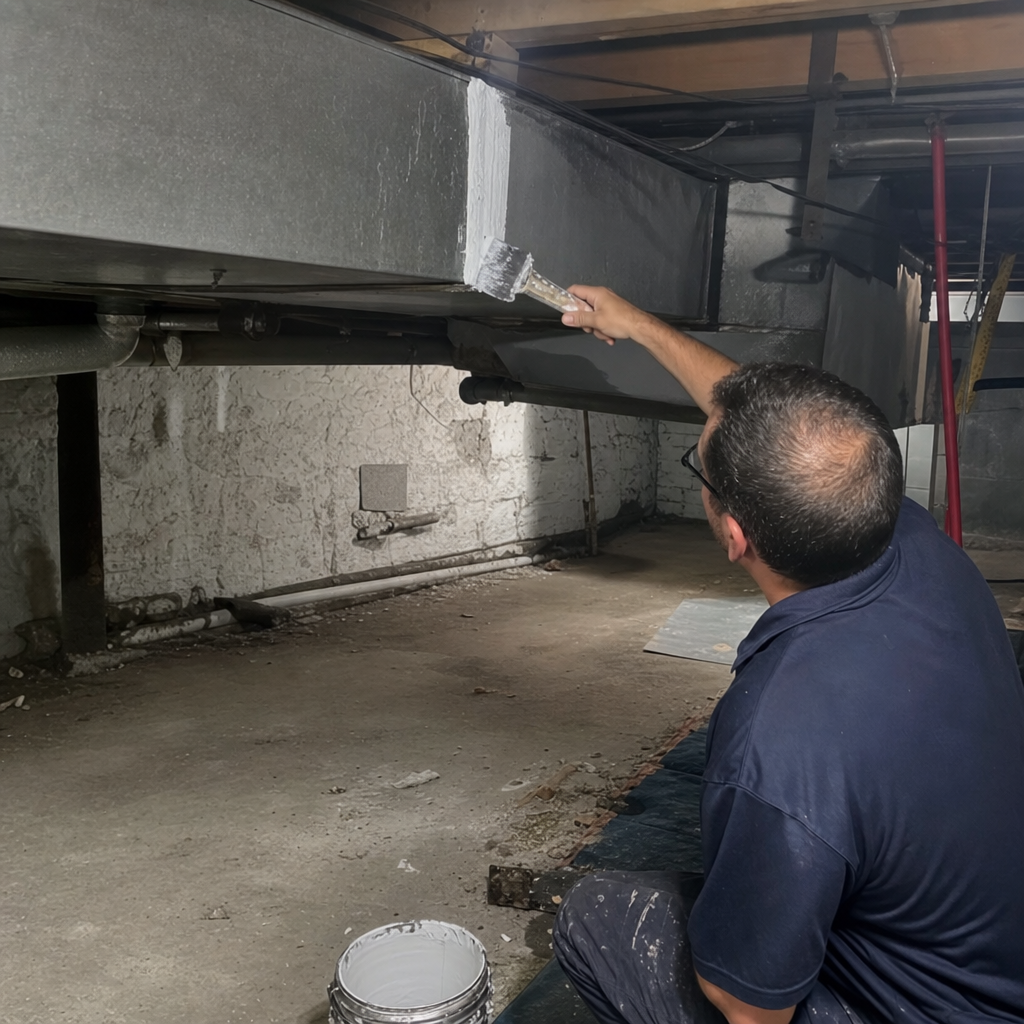 Technician applying sealant to HVAC metal air duct joints for repair in Trumbull, CT