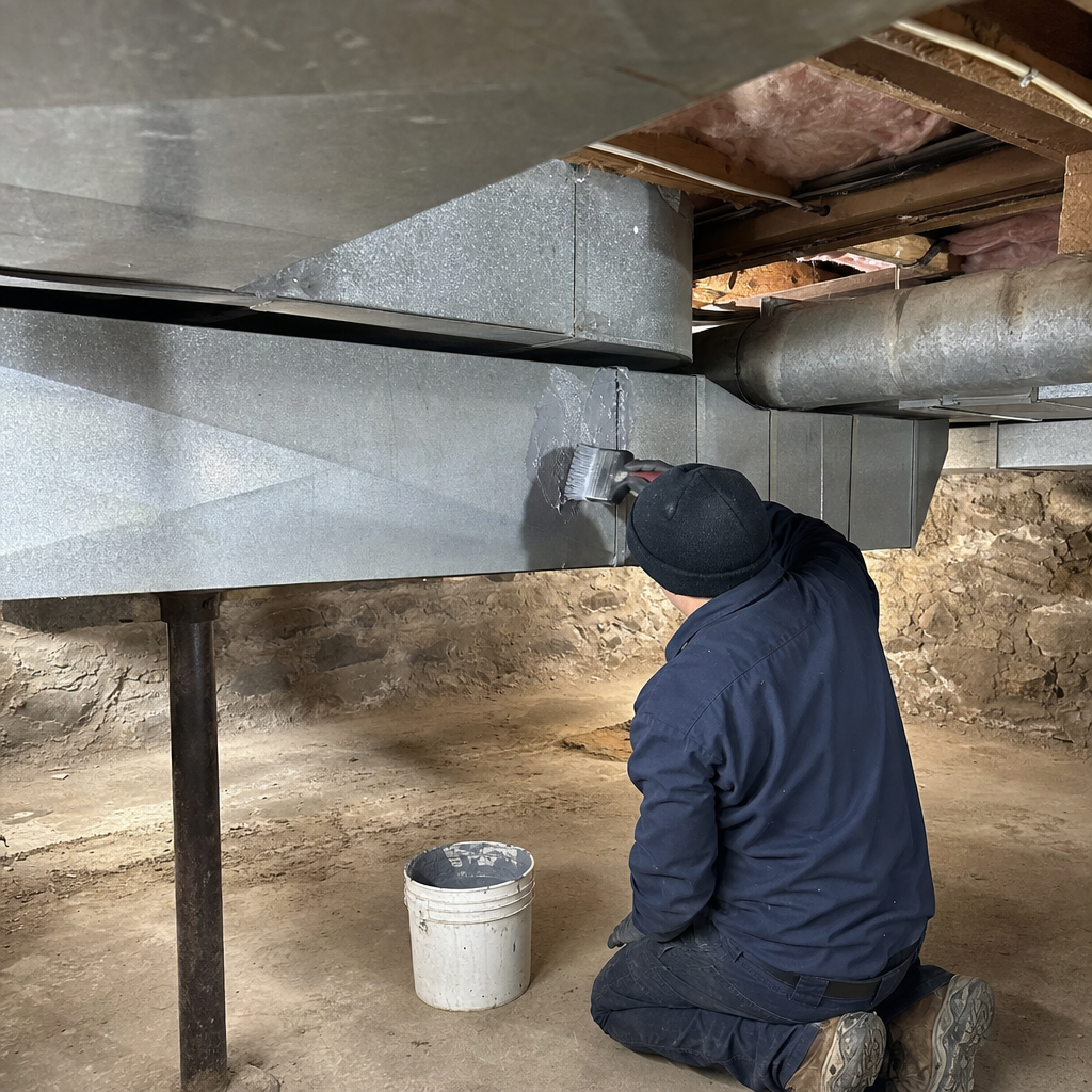 Technician applying mastic sealant to metal air duct seams in basement in Wolcott, CT