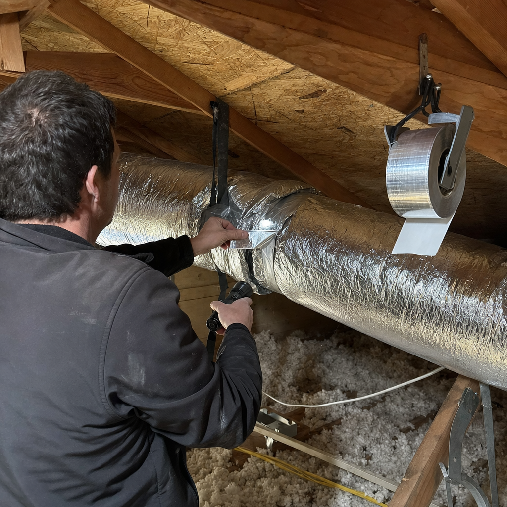 HVAC technician performing professional air duct repair and sealing in attic in Cromwell, CT
