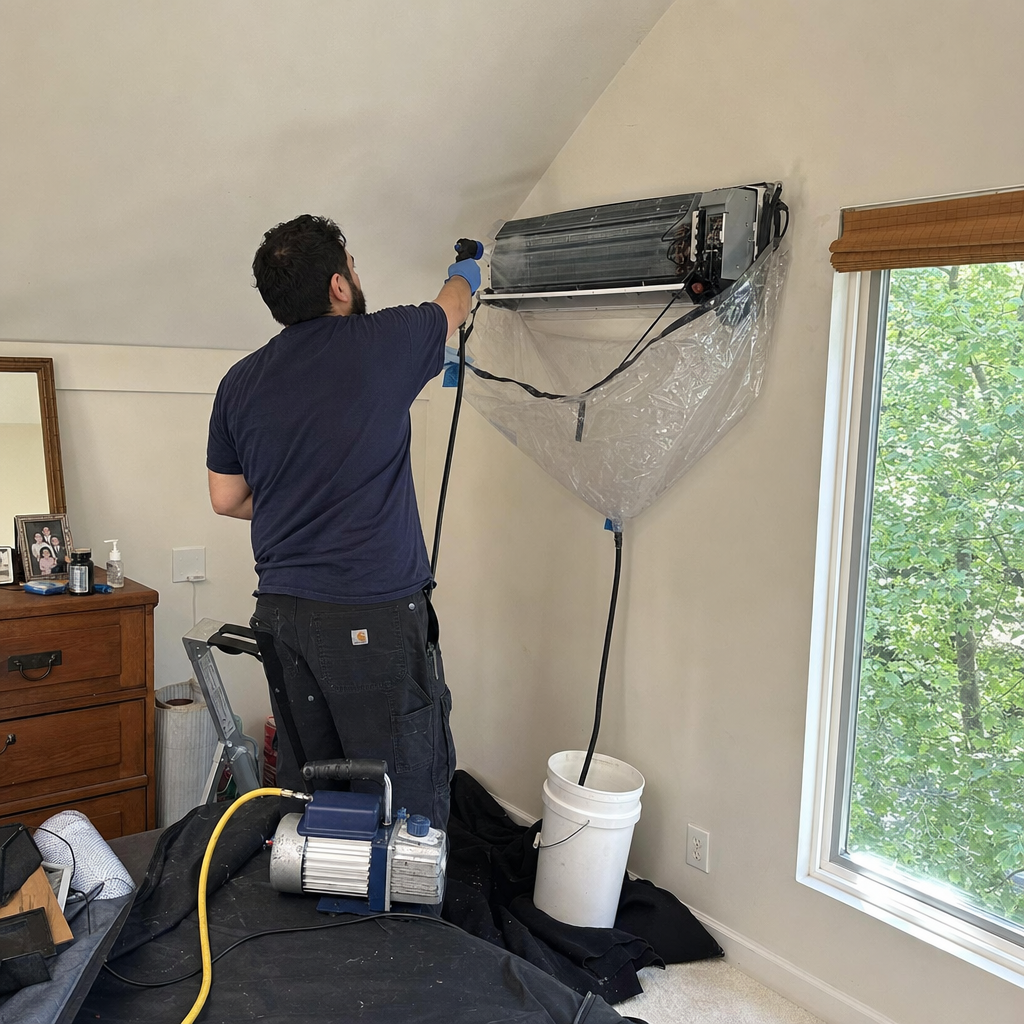 Technician performing professional mini-split HVAC cleaning and maintenance in Coram, NY