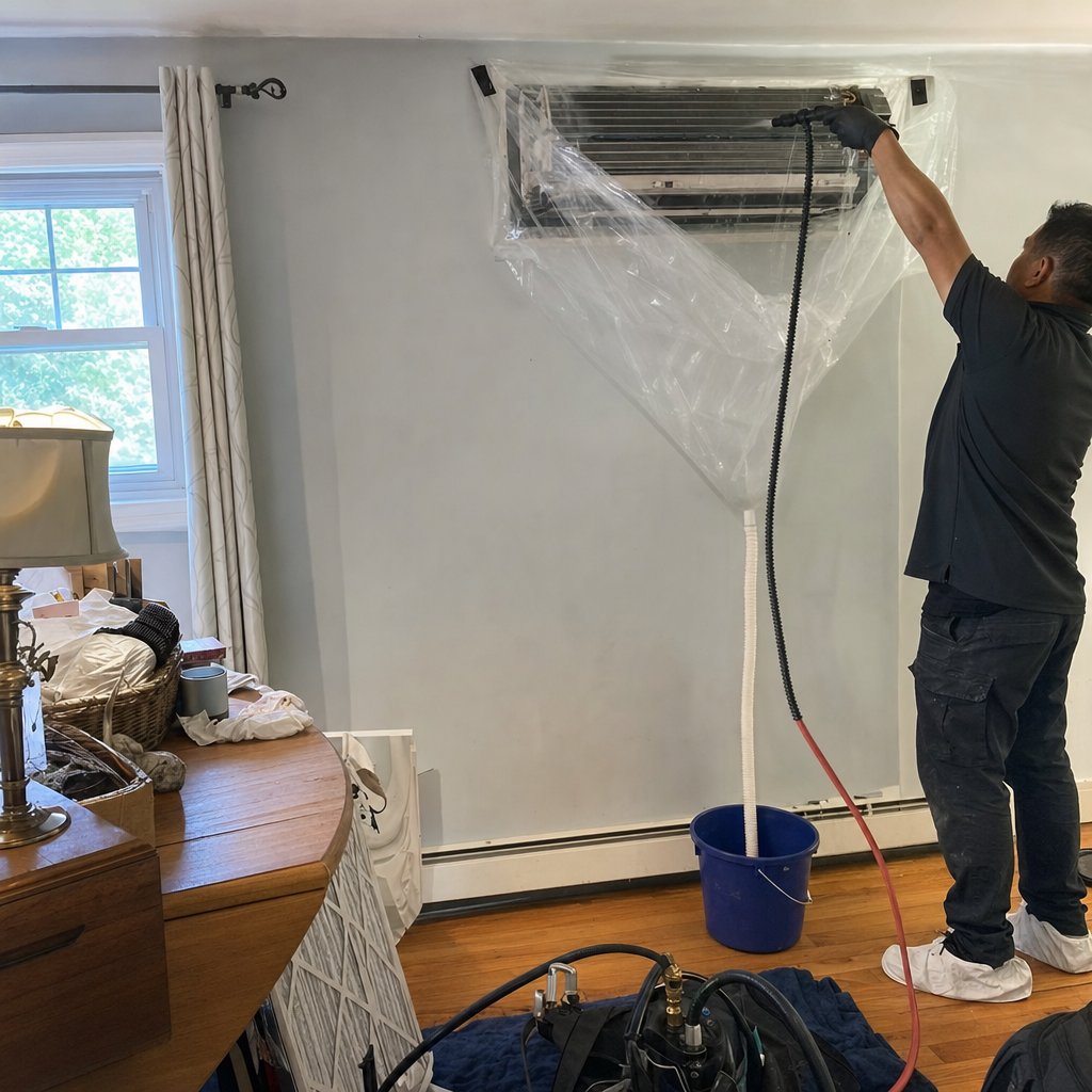 Technician performing professional wall-mounted HVAC unit deep cleaning and maintenance in New Haven, CT