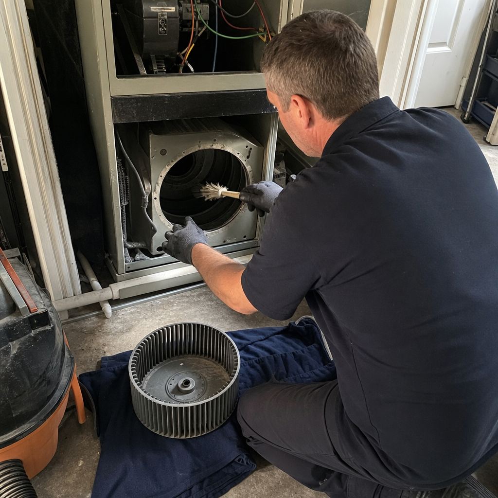 HVAC technician cleaning furnace blower housing in Madison, CT